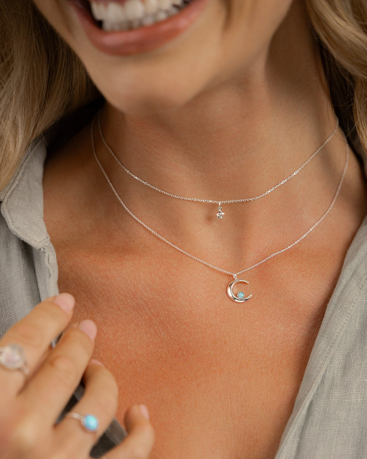 Sterling Silver and Opal Crescent Moon Necklace