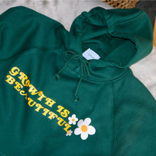 Load image into Gallery viewer, Bottle Green hoodie with Growth is Beautiful and flower prints 

